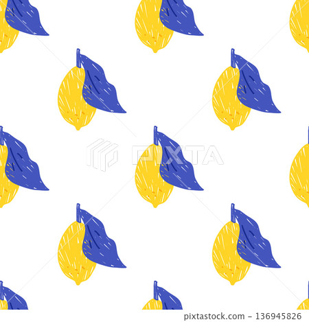 Seamless pattern citrus. Naive scribble lemons endless background. Summer fruit crayon design for textiles, kitchen decor. Mediterranean floral tropical lemon print. Vector hand drawn fresh citrus 136945826