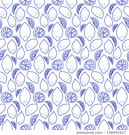 Seamless pattern doodle lemons elements. Monochrome blue outline naive sketch summer fruit design for textiles. Mediterranean-inspired italian citrus print. Vector mini pencil hand drawn background 136945827
