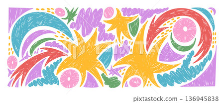 Stars, irregular blobs, arrows crayon drawn set. Kindergarten chalk elements doodle isolated on white background. Kid twinkles dynamic elements. Vector illustration by colorful pastel pencil no bg Stars, irregular blobs, arrows crayon drawn set. Kindergarten chalk elements doodle isolated on white background. Kid twinkles dynamic elements. Vector illustration by colorful pastel pencil no bg 136945838