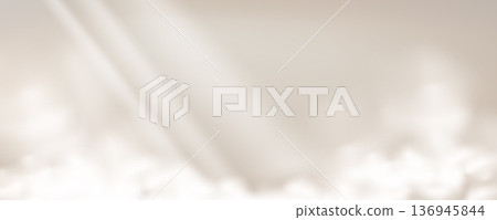 Beige brown cream clouds with sunburst light background. Heaven fog sky sunny summer day template. Morning atmosphere surface for cosmetic products. Pastel caramel colors clouds. Vector fantasy bg Beige brown cream clouds with sunburst light background. Heaven fog sky sunny summer day template. Morning atmosphere surface for cosmetic products. Pastel caramel colors clouds. Vector fantasy bg 136945844