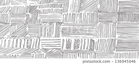 Pencil small dash pattern. Crosshatch crayon hand drawn texture. Pen strokes form geometric square textile design. Black linear creates vintage overlay with rough grunge aesthetic. Vector tribal bg 136945846