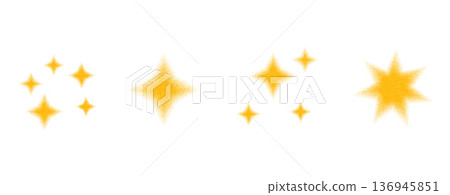 Yellow gradient grain star burst with halftone dots and grainy texture. Stippled noise effects blinks sparkling glitter element. Vector isolated glints isolated on white bg 136945851