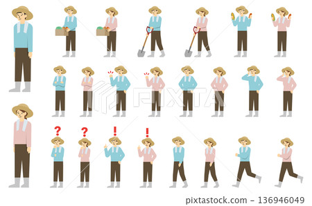 扁平化插畫：一群農民男女（附臉部表情） 136946049