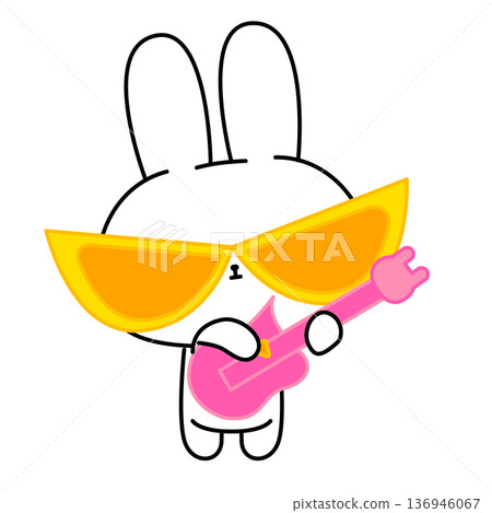 一隻戴著大墨鏡、彈電吉他的兔子插圖 136946067