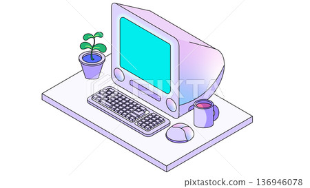 一張時尚辦公桌的插圖，上面擺放著一台90年代復古風格的桌上型電腦。 136946078