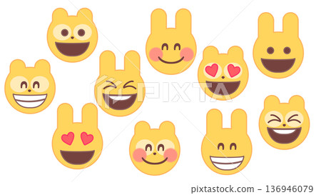 一套包含各種可愛兔子和熊的表情符號，它們都面帶微笑，眼睛是心形的。 136946079