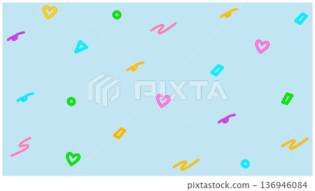 Pastel blue retro pop background material with scattered hearts and geometric patterns 136946084
