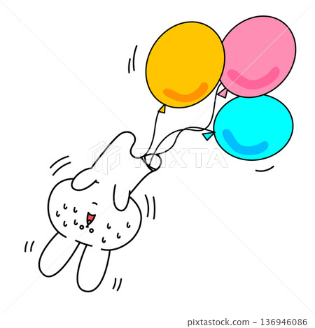 A character illustration of a smiling rabbit holding three colored balloons and flying into the sky 136946086