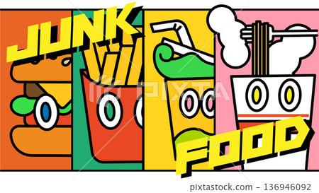 Junk food character illustrations depicting hamburgers, fries, drinks, and instant noodles in an American comic-style panel. Junk food character illustrations depicting hamburgers, fries, drinks, and instant noodles in an American comic-style panel. 136946092