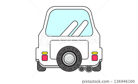 Vector illustration of a white small vehicle seen from the back, featuring a spare tire and twin mufflers Vector illustration of a white small vehicle seen from the back, featuring a spare tire and twin mufflers 136946100