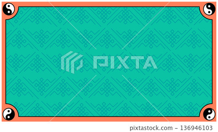 Emerald green decoration with Tai Chi symbols (Yin and Yang) on the four corners and endless knot-like geometric patterns as the background Emerald green decoration with Tai Chi symbols (Yin and Yang) on the four corners and endless knot-like geometric patterns as the background 136946103