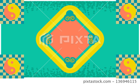 祖母綠色的菱形邊框,四個角落飾有棋盤格太極符號,中心是雲朵圖案。 祖母綠色的菱形邊框,四個角落飾有棋盤格太極符號,中心是雲朵圖案。 136946115