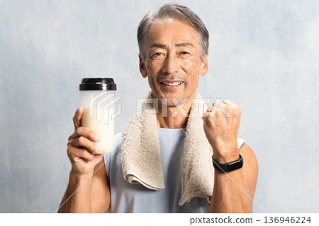Senior man drinking protein, sports image Senior man drinking protein, sports image 136946224