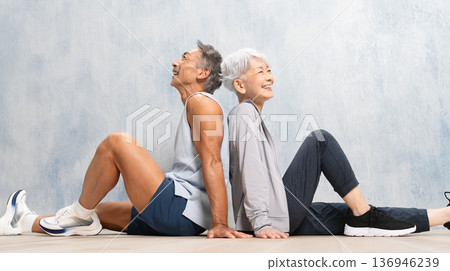 Senior men and women sitting in sportswear Sports image Senior men and women sitting in sportswear Sports image 136946239