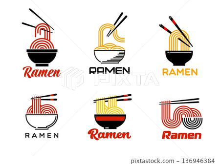 Ramen noodles icons of chinese and japanese food bowls. Vector asian cuisine pasta soup dish isolated minimal symbols set of chopsticks, noodles, bowls silhouettes. Ramen restaurant menu or shop signs Ramen noodles icons of chinese and japanese food bowls. Vector asian cuisine pasta soup dish isolated minimal symbols set of chopsticks, noodles, bowls silhouettes. Ramen restaurant menu or shop signs 136946384
