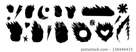 Fire flames, lightning, burned heart text box paper cutouts silhouette icons. Doodle scrap cut flames vector illustration set. Collage elements for bold designs. Scrapbook bonfire set isolated no bg Fire flames, lightning, burned heart text box paper cutouts silhouette icons. Doodle scrap cut flames vector illustration set. Collage elements for bold designs. Scrapbook bonfire set isolated no bg 136946415