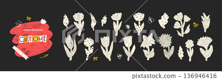 Chamomile flower, leaves paper cutouts symbols. Daisy doodle line and dots textures pattern stickers. Scrapbook summer naive torn elements for fun scrawl design. Vector scribble collage isolated Chamomile flower, leaves paper cutouts symbols. Daisy doodle line and dots textures pattern stickers. Scrapbook summer naive torn elements for fun scrawl design. Vector scribble collage isolated 136946416