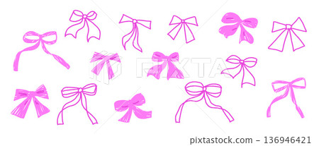 Bows crayon drawn set. Coquette ribbons doodle isolated on white background. Bowknot elements. Vector girly band by pencil illustration isolated on transparent background 136946421