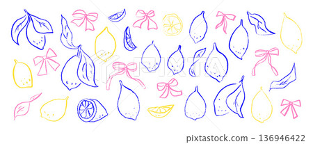 Hand-drawn outline crayon lemons and bow. Coquette whimsical brush stroke citrus fruit set. Girly ribbons and fresh fruits. Vector lemon scribble pencil isolated no bg Hand-drawn outline crayon lemons and bow. Coquette whimsical brush stroke citrus fruit set. Girly ribbons and fresh fruits. Vector lemon scribble pencil isolated no bg 136946422