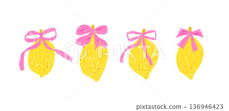 Whimsical crayon lemon with bows. Hand drawn naive fruit doodles in pink yellow tones. Vector lemons scribble isolated no bg. Pastel or chalk pencil handmade illustration 136946423