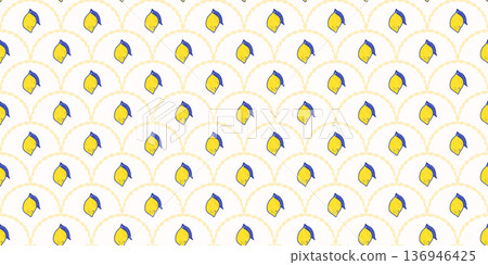 Scallop seamless pattern lemon elements. Yellow summer fruit design for textiles, kitchen decor, and Mediterranean-inspired prints with fruit accent. Vector arch fresh citrus fruits background Scallop seamless pattern lemon elements. Yellow summer fruit design for textiles, kitchen decor, and Mediterranean-inspired prints with fruit accent. Vector arch fresh citrus fruits background 136946425