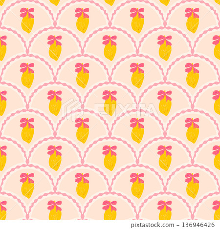 Lemon bow seamless scallop whimsical pattern. Summer fruit design for textiles, wallpaper decor. Mediterranean-inspired print. Vector coquette lemons with ribbon bow repeat pink romantic background Lemon bow seamless scallop whimsical pattern. Summer fruit design for textiles, wallpaper decor. Mediterranean-inspired print. Vector coquette lemons with ribbon bow repeat pink romantic background 136946426