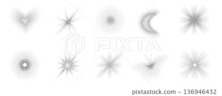 Grain black gradient stippling shapes. Set of dotted heart figures and flower elements. Trendy Y2K with halftone effects geometric stars icon designs. Vector gradation grain noise form isolated no bg Grain black gradient stippling shapes. Set of dotted heart figures and flower elements. Trendy Y2K with halftone effects geometric stars icon designs. Vector gradation grain noise form isolated no bg 136946432