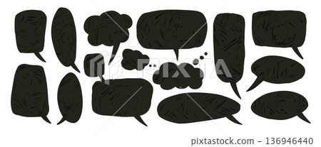 Grunge-textured speech balloons text boxes set. Hand-drawn bubbles frame for comic dialogue. Charcoal doodle with rough texture. Cute vector icon for messaging and talk design isolated no background Grunge-textured speech balloons text boxes set. Hand-drawn bubbles frame for comic dialogue. Charcoal doodle with rough texture. Cute vector icon for messaging and talk design isolated no background 136946440
