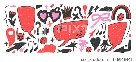 Speech bubble crayon doodles composition. Hand drawn text boxes frames with scribbles set. Funky crayon or pencil flowers, arrow, callout dialogue shapes. Textured chat talk frames isolated no bg Speech bubble crayon doodles composition. Hand drawn text boxes frames with scribbles set. Funky crayon or pencil flowers, arrow, callout dialogue shapes. Textured chat talk frames isolated no bg 136946441