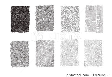 Hand-drawn crosshatch, wood tribal pattern set with organic pencil textures. Diagonal doodle crayon line sketches, organic hatch background for creative design. Vector handmade organic scribble bg Hand-drawn crosshatch, wood tribal pattern set with organic pencil textures. Diagonal doodle crayon line sketches, organic hatch background for creative design. Vector handmade organic scribble bg 136946460