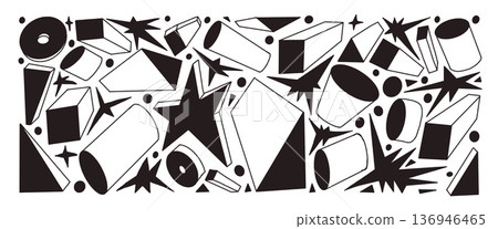 Geometric figures silhouette pattern. Outline doodle elements featuring 3d triangles, stars, cylindric. Black scribble line stroke childish illustrations. Vector doodle background pattern 136946465