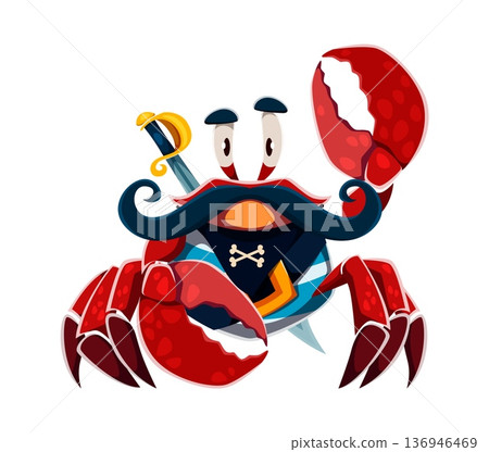 Cartoon red crab animal pirate character with red shell and large claws, one of which is raised. Vector corsair has a thick curled mustache, wears a striped vest and carries a sword behind the back Cartoon red crab animal pirate character with red shell and large claws, one of which is raised. Vector corsair has a thick curled mustache, wears a striped vest and carries a sword behind the back 136946469