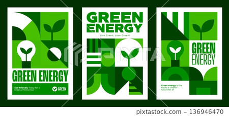 Environment green energy poster with ecology geometric Bauhaus pattern. Environment and ecology vector flyers. Clean electricity and green energy company poster with Bauhaus lightbulb and plant shapes Environment green energy poster with ecology geometric Bauhaus pattern. Environment and ecology vector flyers. Clean electricity and green energy company poster with Bauhaus lightbulb and plant shapes 136946470