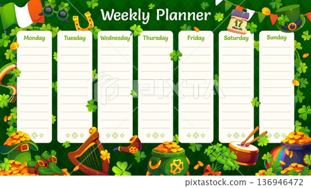 Weekly planner schedule with St Patrick's day characters. Daily schedule, education timetable or kids vector planner with St Patrick's leprechaun hat, pot of gold, clovers, music instruments and flag 136946472
