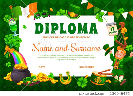 Happy St Patrick's day diploma certificate template. Irish celebration vector diploma, Saint Patrick holiday certificate with funny leprechaun in hat, Ireland flag, shamrock clovers and gold in pot 136946475