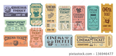 Old movie and cinema tickets set. Vector vintage movie theater raffle tickets with stubs, old paper coupons and vouchers. Cinema festival event admission cards with film reels, 3d glasses and popcorn 136946477