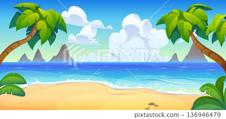 Tropical sea beach landscape vector background. Cartoon summer day beach of tropical sea island, green palm trees and blue water surf waves under sunny sky nature landscape with mountains on horizon 136946479