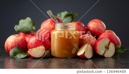 Apple jam and red fresh apples. 136946489