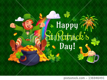 Happy St Patrick's day greeting card. Spring party vector flyer, Ireland holiday poster. Saint Patrick banner with leprechaun character sitting on coins, horseshoe, beer or ale, shamrock clover 136946491