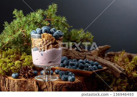 Blueberry dessert with rye flakes and fresh berries. Blueberry dessert with rye flakes and fresh berries. 136946493
