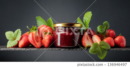 Strawberry jam and fresh berries on a black background. Strawberry jam and fresh berries on a black background. 136946497