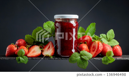 Strawberry jam and fresh berries on a black background. Strawberry jam and fresh berries on a black background. 136946498