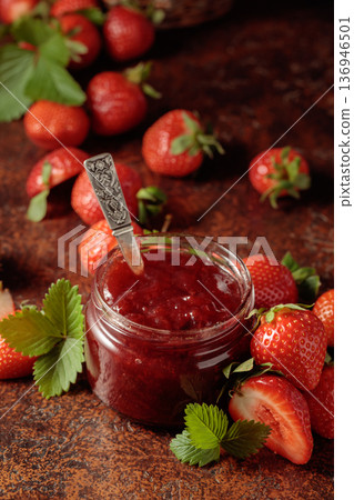 Strawberry jam and fresh berries. Strawberry jam and fresh berries. 136946501