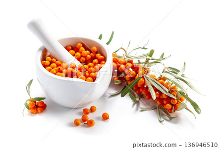 Sea-buckthorn berries on a white background. 136946510