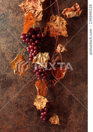 Vine with dried leaves and ripe grapes. 136946526