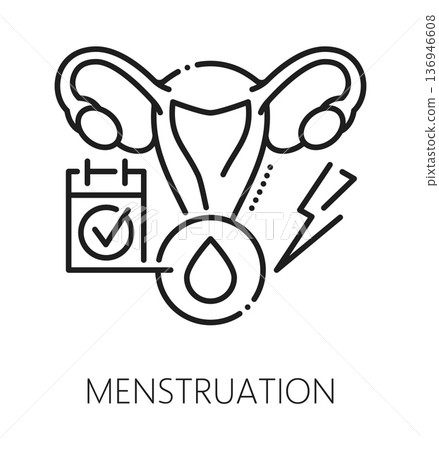 Menstruation cycle gynecology, reproductive health line icon. Pregnancy and fertility thin line sign, urinary healthcare vector icon. Gynecology and woman health pictogram with uterus and calendar 136946608