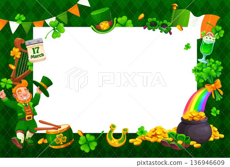 Happy St Patrick's day Irish holiday greeting card frame. March celebration vector invitation, Saint Patrick party greeting card or banner border with happy leprechaun, clovers and pot of gold coins 136946609