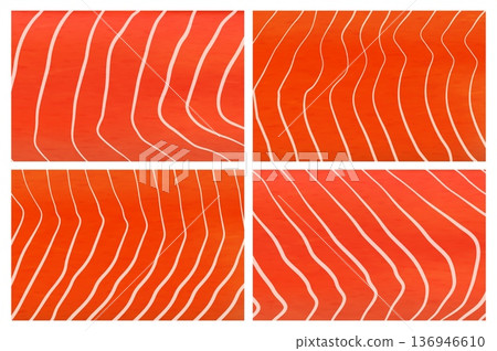 Realistic salmon fish meat texture backgrounds, vector food, japanese sushi and seafood. Red meat of fresh salmon steak, tuna or trout fillet abstract backgrounds with line pattern of raw fish flesh 136946610