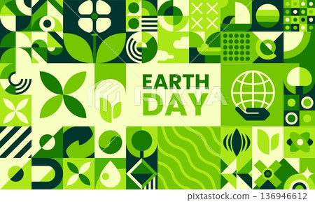 Earth day poster with geometric nature Bauhaus pattern. Clean environment protection vector banner, saving nature ecology poster. Earth day holiday flyer with Bauhaus green geometric shapes pattern Earth day poster with geometric nature Bauhaus pattern. Clean environment protection vector banner, saving nature ecology poster. Earth day holiday flyer with Bauhaus green geometric shapes pattern 136946612