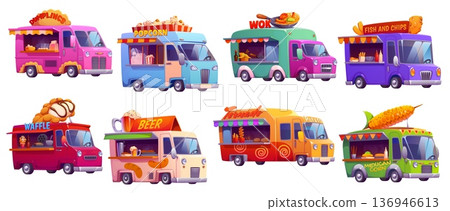 Street food trucks, vintage festival foodtrucks of vector fish and chips, potato fries tornado and popcorn, beer and dumpling vendors. Cartoon grilled corn, wok and waffle dessert food trucks set Street food trucks, vintage festival foodtrucks of vector fish and chips, potato fries tornado and popcorn, beer and dumpling vendors. Cartoon grilled corn, wok and waffle dessert food trucks set 136946613